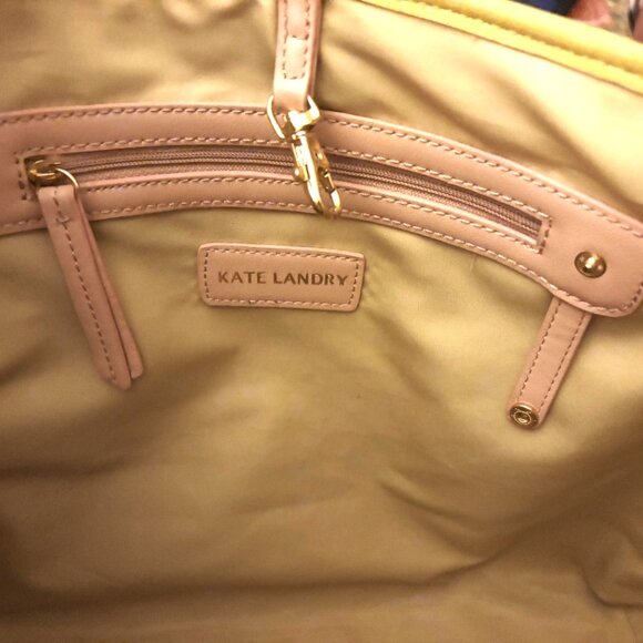 Kate Landry Tote "Like New" Teal/Yellow/White Lattice Design Gold Hardware - Picture 2 of 12